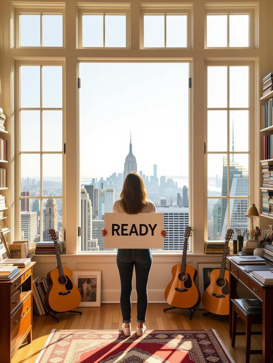 Person stands in a sunny room facing the camera. Large windows view the city skyline. The room holds books art supplies and musical instruments. The person holds a sign saying READY. The view symbolizes vast possibilities. Lighting is warm and inviting. The atmosphere is exciting and preparatory.