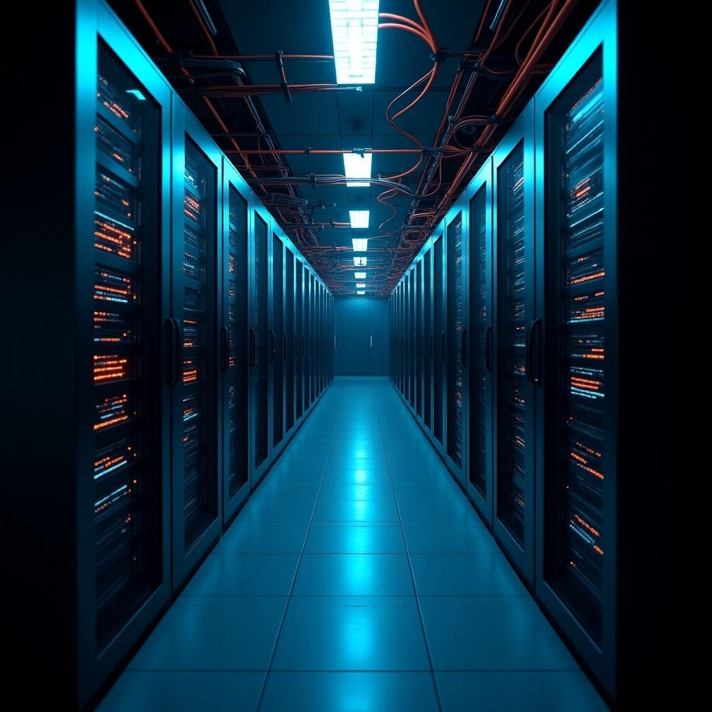 This image showcases a modern data center, featuring rows of metallic servers lined against the walls. The atmosphere is dimly lit, emphasizing the glowing blue lights from the equipment. Orange cables snake through the racks, adding a dynamic detail to the scene. The floor is clean and tiled, reflecting the high-tech environment. This setting creates an impression of advanced technology and reliability, perfect for discussions on data management or cybersecurity.