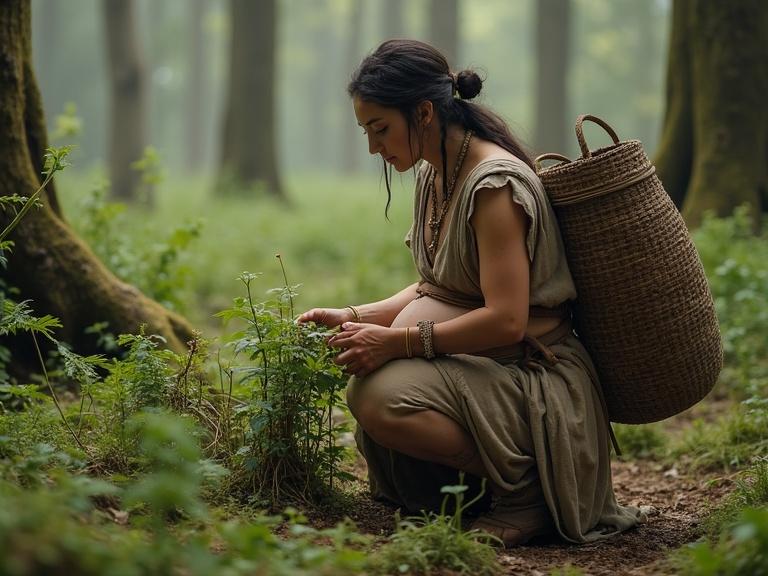 A young woman foraging in a temperate Iron Age forest. She is collecting wild plants and berries into a woven basket. She crouches beside ferns and roots. Her clothing is layered with linen and wool, adorned with bronze pins and tribal embroidery. Morning mist filters through the trees. The atmosphere is serene with rich green undergrowth.