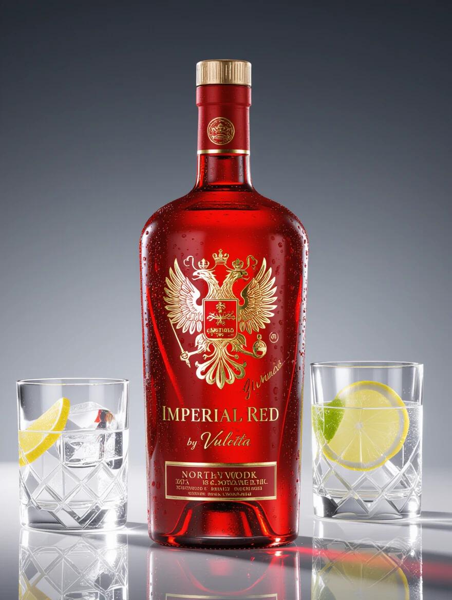Hyper-realistic studio photo of a premium vodka bottle named Imperial Red by Vuletta. The bottle is deep crimson with gold embossed details of a double-headed eagle. It features a minimalist golden crown emblem. The setting includes crystal glasses with ice cubes and lemon lime slices next to the bottle. Urban contemporary background with vibrant Adriatic sea colors. Studio lighting highlights the product's luxurious features.