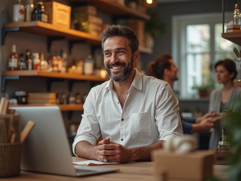 Smiling man looking at laptop in a cozy workspace. He feels happy seeing a product discount. Decor includes shelves with bottles and plants for a modern, inviting atmosphere.