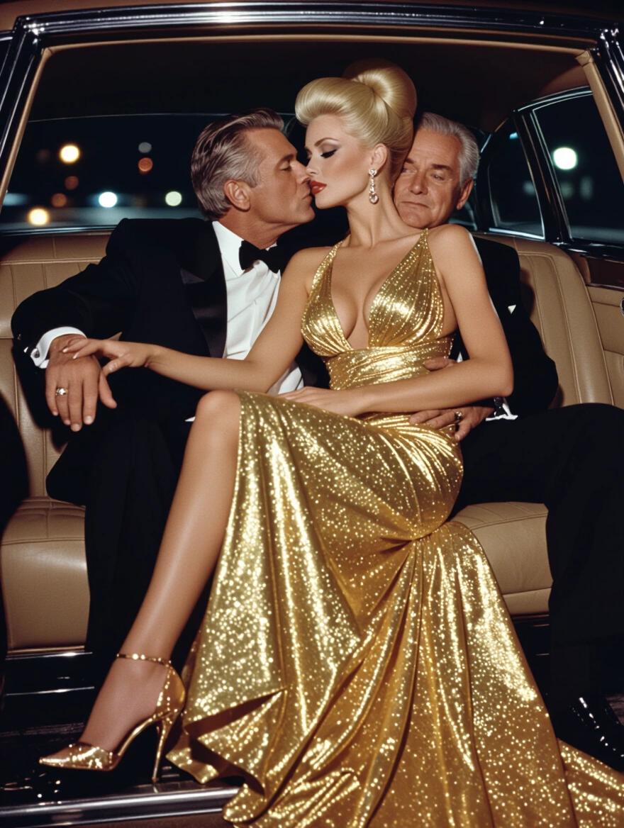 1960s woman in updo platinum blonde hair wearing shiny gold evening gown with deep cleavage. Nighttime setting. Long legs in high heels. Arms wrapped around a man kissing an older man. In back seat of a limo.
