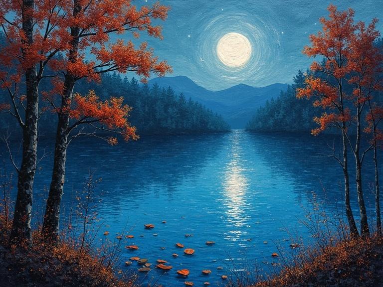 Oil painting with texture. Thick impasto technique. Elements include newspaper, jute fibers, wood, sand, glittering confetti, origami. Mixed media with scratches, drops, and tears. Digital art close-up of a silver bioluminescent lake at night. Tall autumn forest illuminated by moonlight. Bright and vibrant colors.