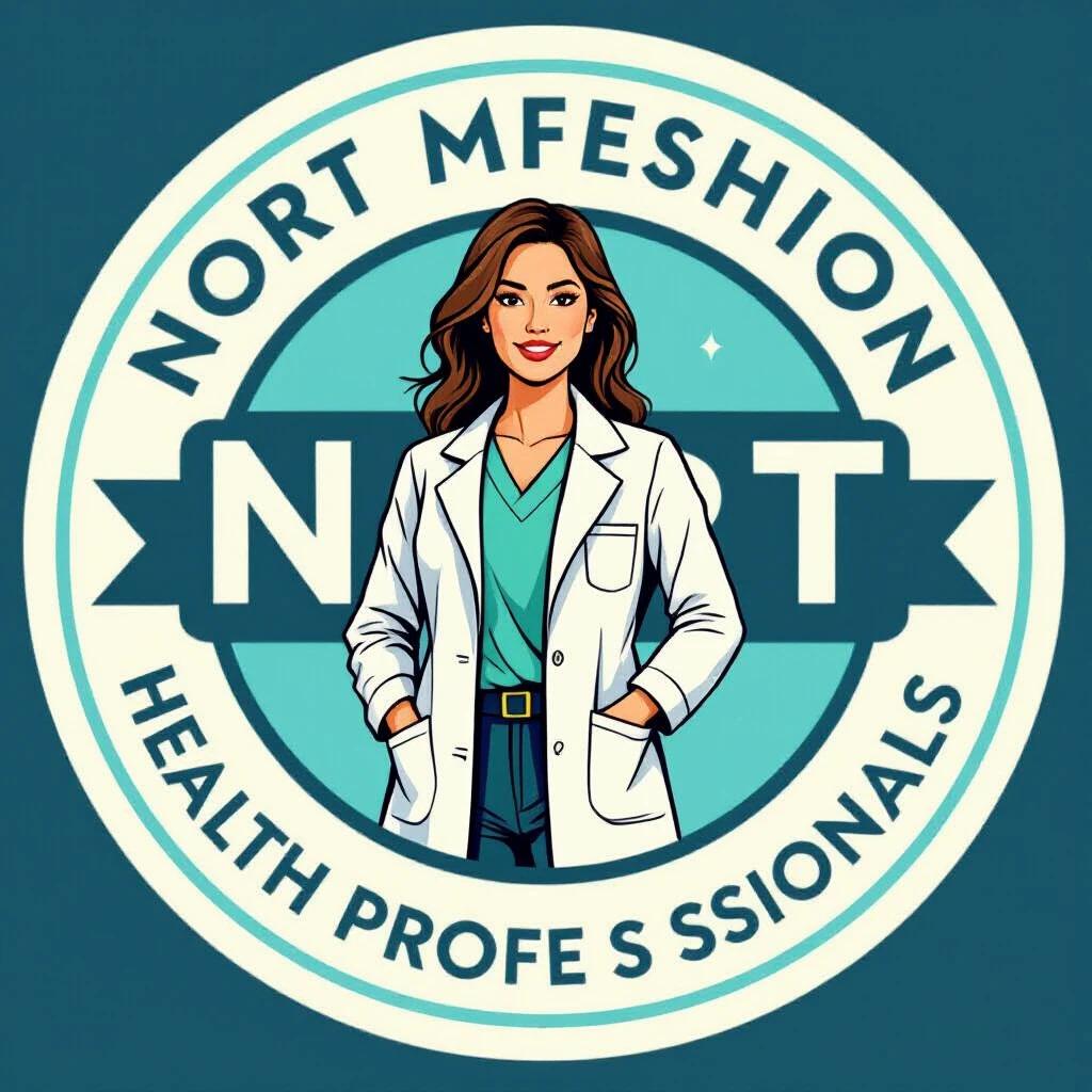 Nort Medic brand logo design for the fashion industry. Emphasizes health professionals and students. The logo features a figure in a lab coat against a circular design with brand name. Clean modern aesthetic.