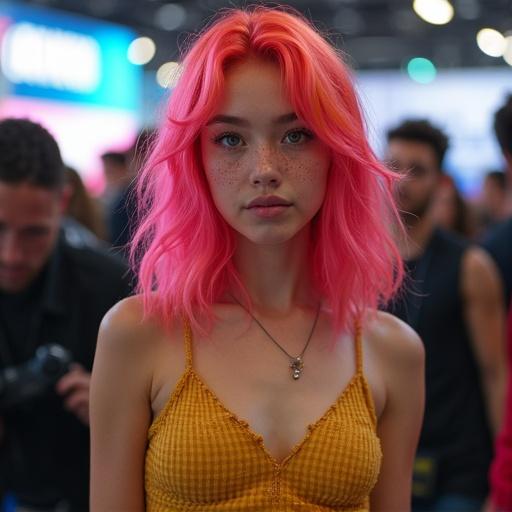 Portrait of a girl with vibrant pink hair and freckles. Girl stands confidently at a gaming convention. Hair includes bright yellow highlights. Attractive and trendy look. Friendly expression. Background includes blurred convention atmosphere.