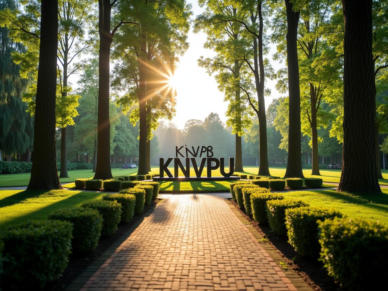 The image shows a beautiful landscape of the KNVB Campus, surrounded by tall trees and lush greenery. The sun is shining through the trees, creating a warm and inviting atmosphere. In the foreground, there is a modern sign that reads 'KNVB CAMPUS.' The pathway leading into the campus is lined with bushes, adding to the scenic view. The overall setting is peaceful and serene, suggesting it is a place for learning and development.