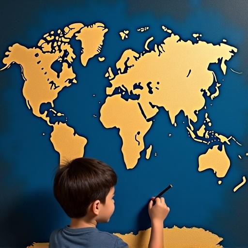 Young boy draws a world map with dark blue and gold colors. The map's outline is clear and prominent on the wall. The boy is engaged in the activity, contributing to the artistic depiction of various continents.