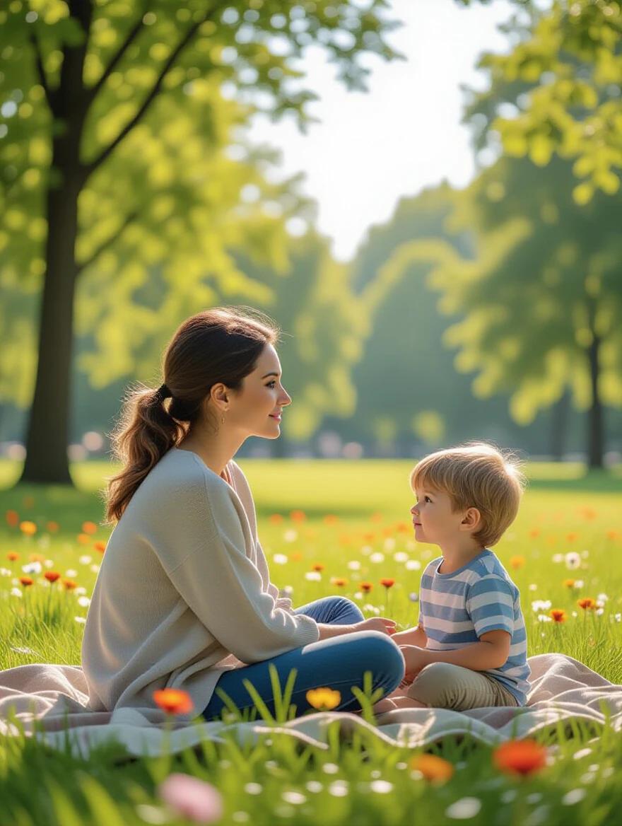A mother sits in a park with her son. Mother has a thoughtful expression. The son is playing nearby. The park features green trees and colorful flowers. The photography is realistic with bright and natural colors.