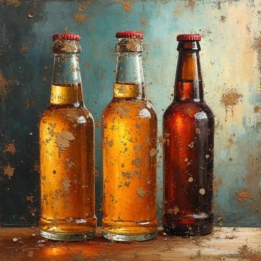 Three bottles of beer in a still life arrangement. Bottles feature rusted caps and dust on the surface. Golden and amber liquid inside. Background has warm tones with texture effects.
