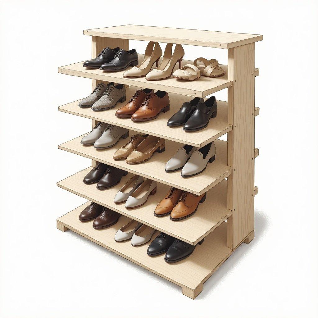 Shoe shelf designed with multiple shelves. Each shelf contains a variety of shoes arranged neatly. The shelf is made of wood and has a minimalistic style. The background is plain to emphasize the shelf.