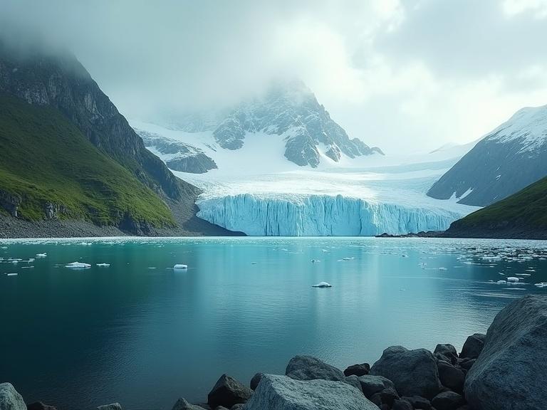 Cinematic transition effect blending lush prehistoric landscape with present-day Antarctic continent. Green forests fade into icy glaciers, snow-covered mountains, and frozen seas. Both worlds partially visible mid-transition. Surreal lighting and high detail.
