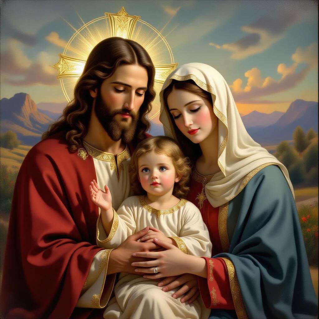 Generate an image of Jesus Christ with the Virgin Mary. Focus on the Holy Family together in a serene landscape.
