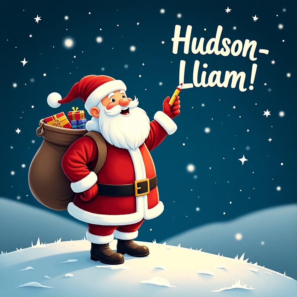 In a magical winter scene, Santa Claus stands on a snowy hill under a starry night sky. He is holding a pencil and looking up as he writes names of children in the sky. Santa, dressed in his traditional red and white suit, has a large sack of gifts on his back. The night is bright with twinkling stars surrounding him. The phrase 'Hudson-Lliam!' is displayed in a whimsical font, adding to the festive atmosphere.