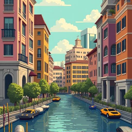 A vibrant cityscape featuring colorful buildings along a canal. The scene includes boats on the water, trees lining the waterfront, and a bright, sunny sky with fluffy clouds. City buildings showcase architectural variation in style and color.