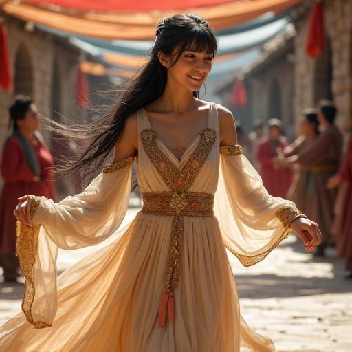 Portrait of a young noblewoman in a medieval village. She dances joyfully in a richly decorated gown with flowing sleeves. The gown features embroidered patterns in ivory, rose, and crimson tones. Her long black hair moves gracefully with her dance. The background shows a festive village atmosphere with colorful banners and rustic stone walls.