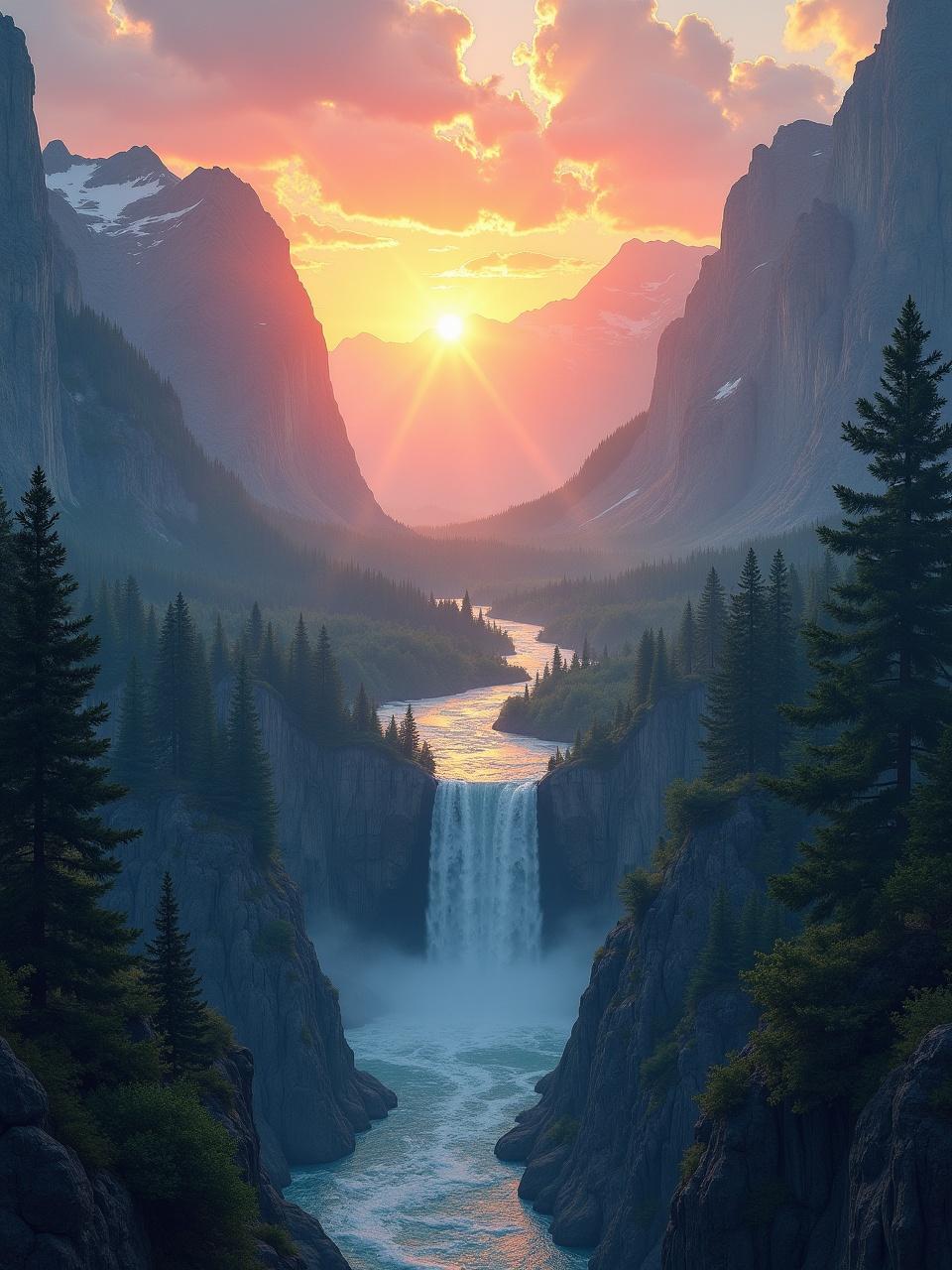 A tranquil sunrise over a mountain valley with a waterfall, surrounded by lush pine trees and towering peaks.