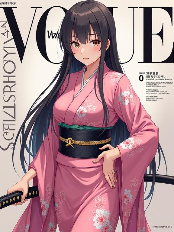 Female character inspired by Shunsui Kyōraku. Wearing a pink kimono with flowers. Body angled with one hand on her hip. Serious and calculating expression. Loose long straight hair. Sheathed katana by her side. Background mimics a fashion magazine. Subtitle saying 'SOUL SOCIETY'. Knee-up shot from a slight higher angle.