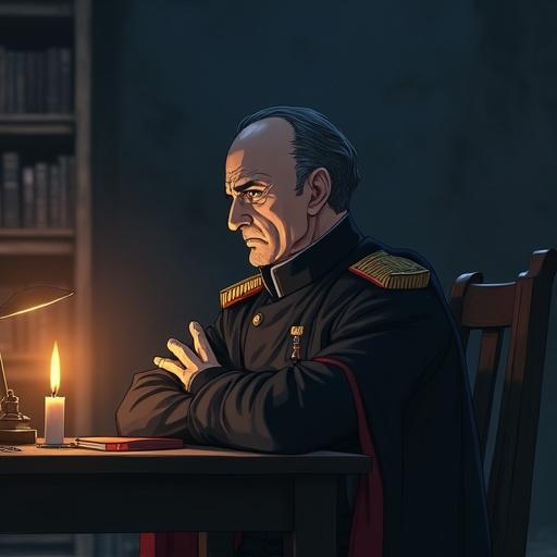 Stern middle-aged man with sharp eyes reflecting years of battle. Short black hair neatly kept, expression blends military discipline with warmth. Slightly damaged military uniform with shoulder epaulettes. Dark crimson cloak drapes over shoulders. Sitting at a wooden desk in a dim room, face illuminated by a single candle. Serious expression, lost in thought, arms crossed. Quiet home setting, wooden shelves in background. Cold blue-gray palette with warm golden candlelight contrast. A warrior haunted by duty, yet devoted as a father.