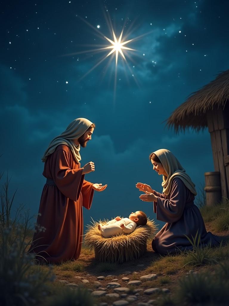 Mary and Jesus in a manger scene. Bright star shining in the sky. Emphasis on warmth and light. Peaceful and reverent atmosphere.