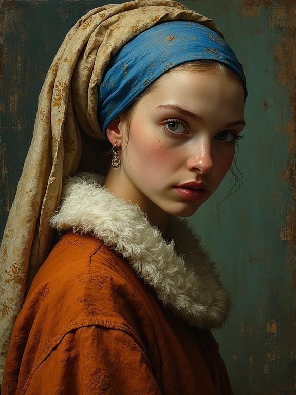 A portrait of a young woman in historical clothing. She wears a blue headscarf and has a soft fur collar. The background is a textured green. The image captures her profile with a calm expression.