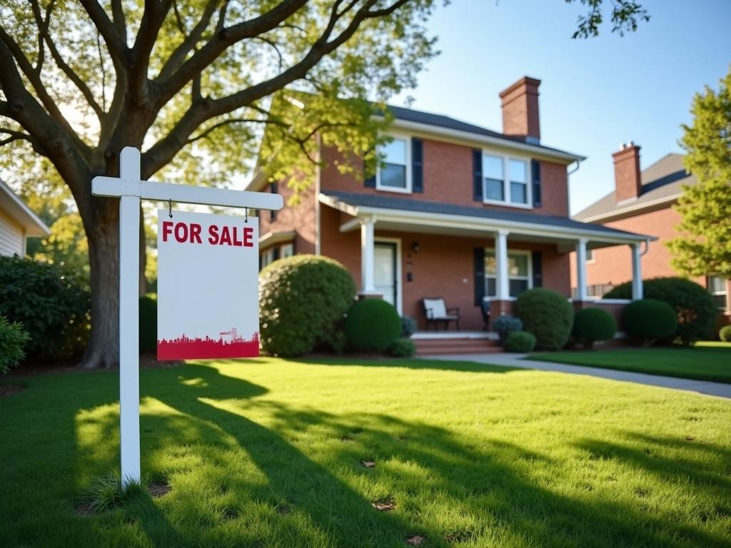 A charming suburban home displays a prominent 'For Sale' sign in the front yard. The house features a classic design with a brick exterior and a well-maintained lawn. The scenery showcases leafy trees and shrubs that enhance the neighborhood's appeal. There is a clear blue sky overhead, adding to the inviting atmosphere. The sign is positioned on a white post, making it easily visible to potential buyers. The house's front porch is welcoming, suggesting a cozy living space inside. Overall, the image captures the essence of a desirable home ready for potential new owners.