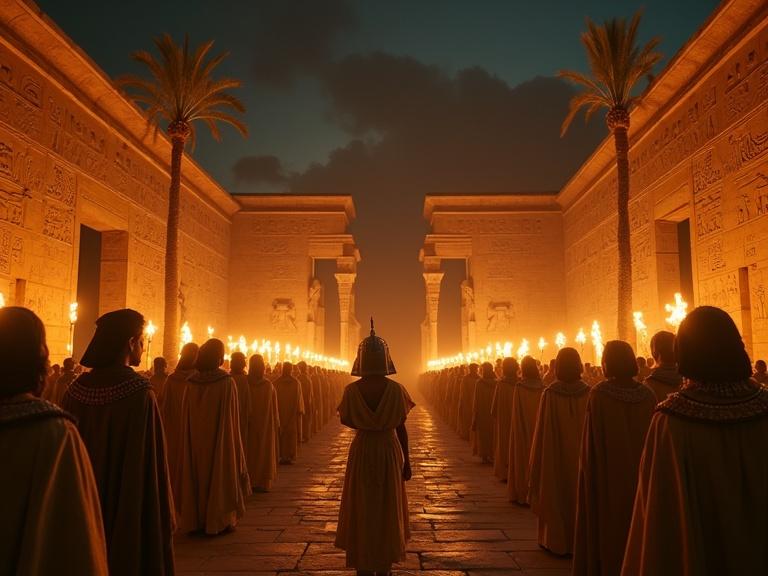 Cinematic IMAX wide shot of Ancient Egyptian temple courtyard at night. Lit by thousands of torches. A silent crowd including men women children priests and soldiers with Pharaonic features. The Pharaoh wears a golden shendyt jeweled collar blue-gold nemes crown braided false beard. Soldiers in bronze armor. Walls and columns carved with hieroglyphs from Karnak. Palm trees and statues create a sacred mood.