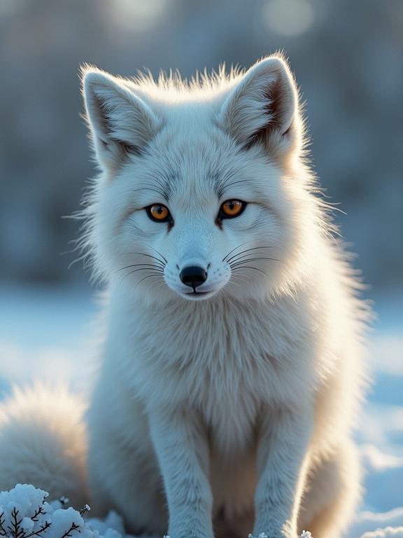 Generate an image of an Arctic fox in the Arctic. The background is snow-covered showcasing the environment.