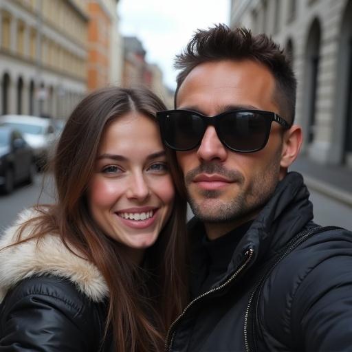 Real life style photo featuring a girl and a boy taking a selfie in the street. The girl looks cute. The boy has a modern gangster style. The background shows a city street.