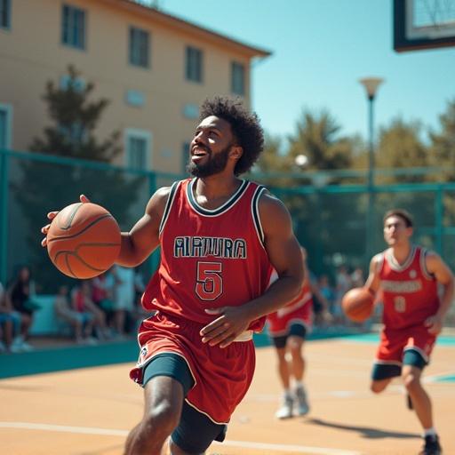 Basketball court scene. A player wearing a red jersey with number 5 holds a basketball. Teammates are in the background. Natural daylight in an outdoor setting.