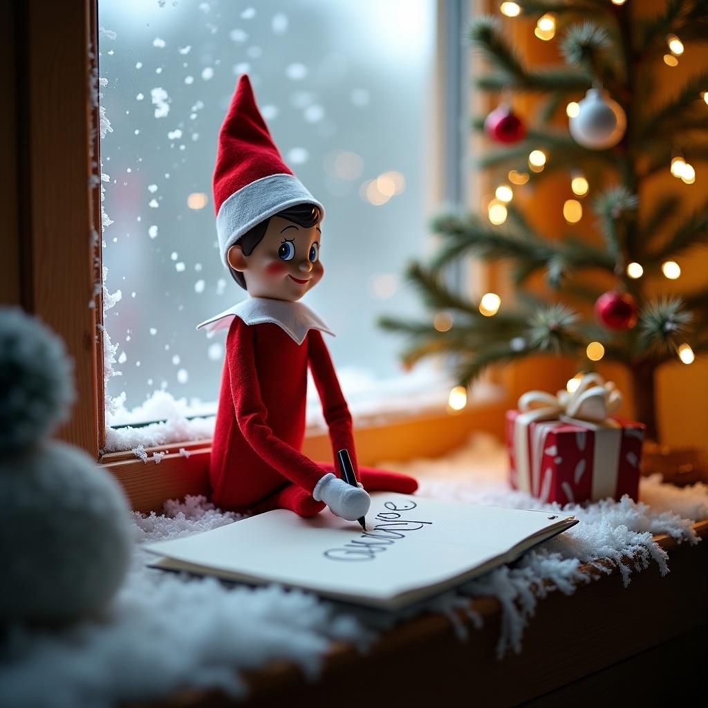 Elf on the shelf sits in a winter wonderland. Elf writes Goodbye Ethan and Darcie. Snow outside the window. Christmas tree with lights nearby.