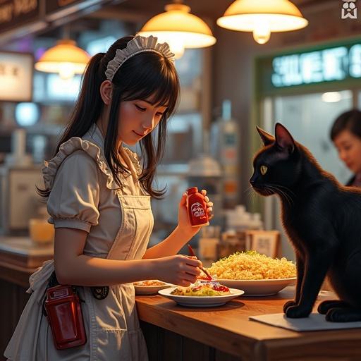 A female idol in maid attire is preparing food at a maid cafe. She uses a ketchup bottle to write on omelet rice. A futuristic black cat and ghost character are in the cafe's background. The logo appears subtly on the cafe items. Detailed, vibrant settings with dramatic lighting.
