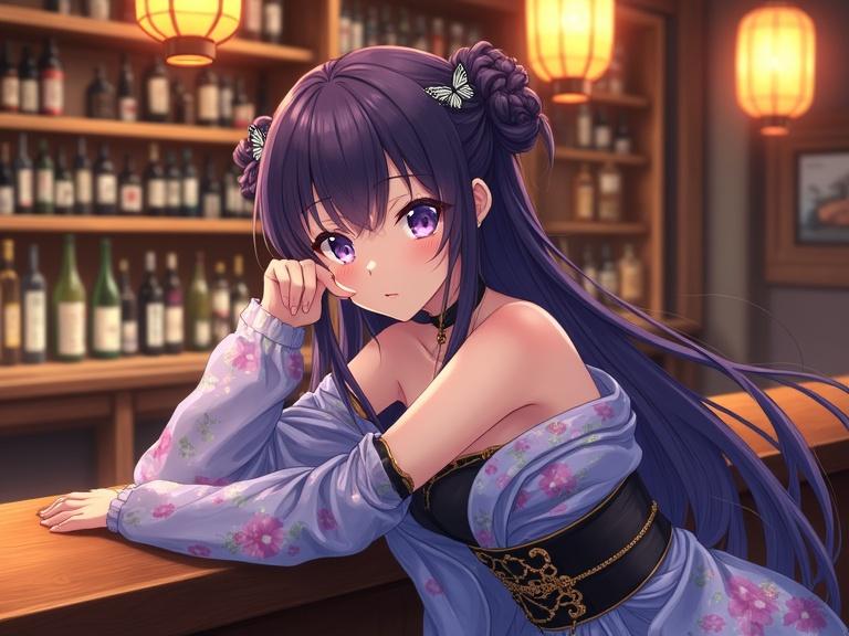 Anime woman with long violet hair, updo with butterfly hairpins, light purple eyes, relaxed expression, reclining on a wooden bar, wearing a blue and lavender kimono, floral patterns, corset top underneath, dark obi with gold accents, choker necklace. Traditional Japanese bar with shelves of bottles, warm lantern light, inviting atmosphere, cozy late-night setting. High-quality digital art with a focus on character details and soft lighting.
