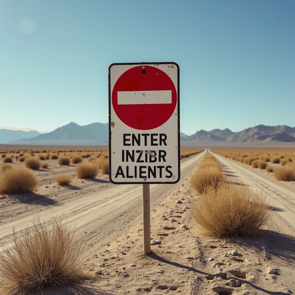 A weathered road sign reading 'ENTER INZIBR ALIENS' stands along a deserted, sandy track in a barren landscape with distant mountains and scattered tufts of dry vegetation under a clear blue sky.