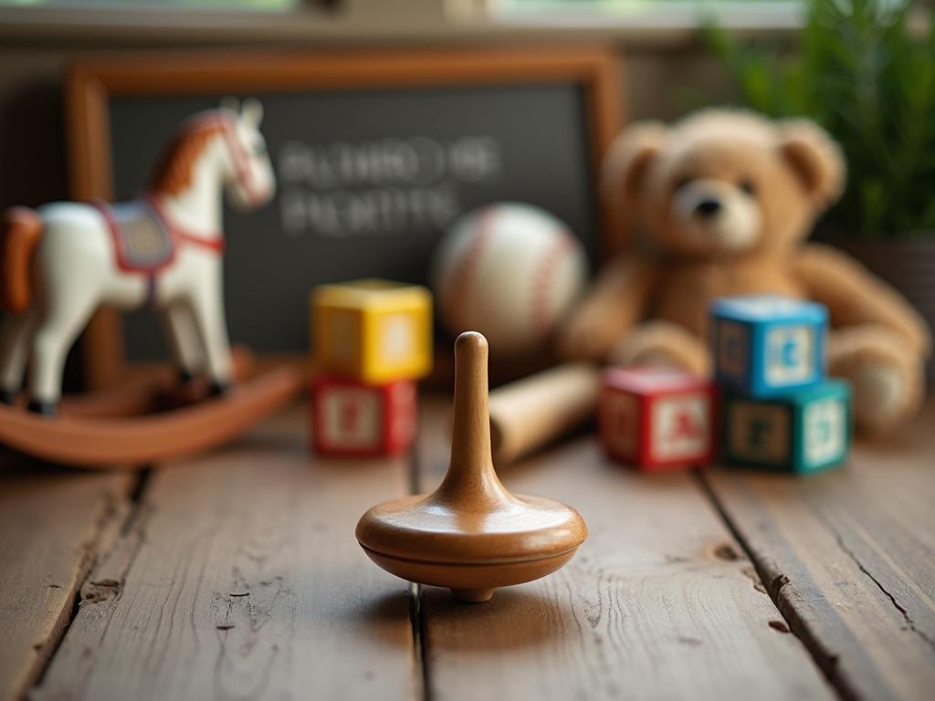 A nostalgic scene capturing a wooden spinning top in focus, prominently displayed on a rustic wooden table. Behind it, various classic toys are blurred, including a painted rocking horse and a soft teddy bear, evoking a sense of childhood wonder. Colorful building blocks with letters can be seen, hinting at playful learning. A rolled baseball rests behind the spinning top, adding to the playful atmosphere. The background is softly illuminated by warm, natural light, enhancing the cozy, inviting vibe of the scene.