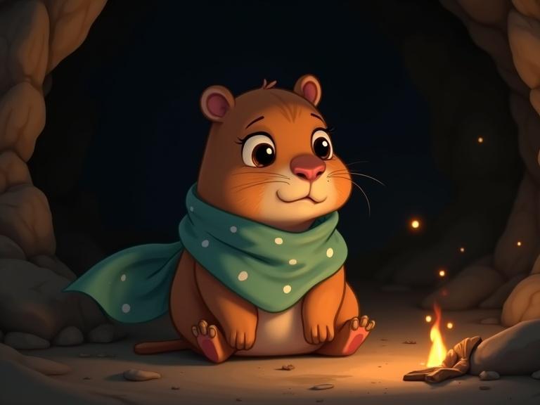 Inside a dark cave with flickering firelight a small capybara with golden-brown fur sits alone her knees drawn in. She has big hazel eyes and a tiny pink nose. A light teal scarf with white dots is wrapped around her neck. Broken leaf wings lie beside her. A deep sadness surrounds her as light reflects in her hazel eyes.