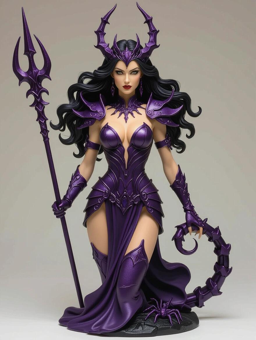 A resin sculpture portraying a goddess inspired by Scorpio. The figure is human and stylized with a strong and sensual silhouette. She has fair skin and long wavy black hair. A sharp crown resembling a scorpion's stinger adorns her head. The armor is purple with decorative scorpion symbols. The pose is dynamic. One hand holds a scorpion-inspired weapon while the other is in a magical gesture. The background features a rocky base in a galactic atmosphere. The design aligns with elegant and mystical themes.