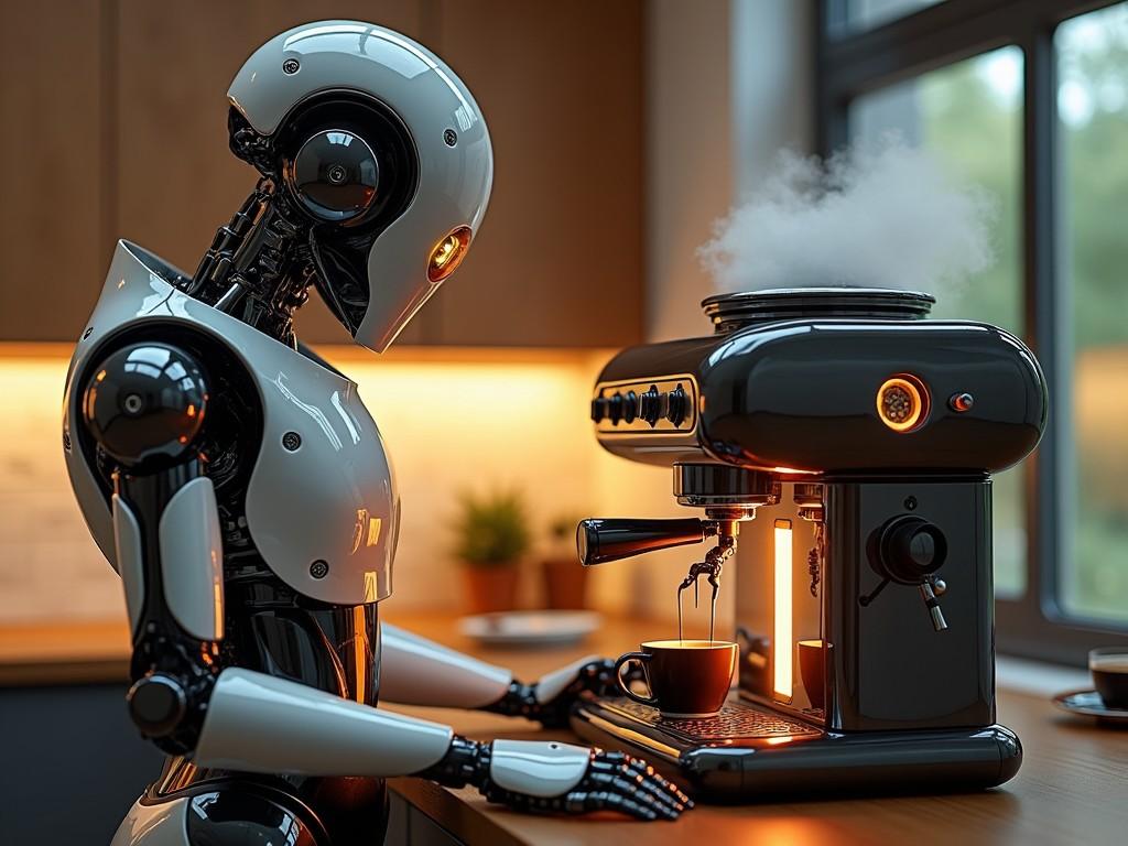 a futuristic robot making coffee with an espresso machine in a modern kitchen