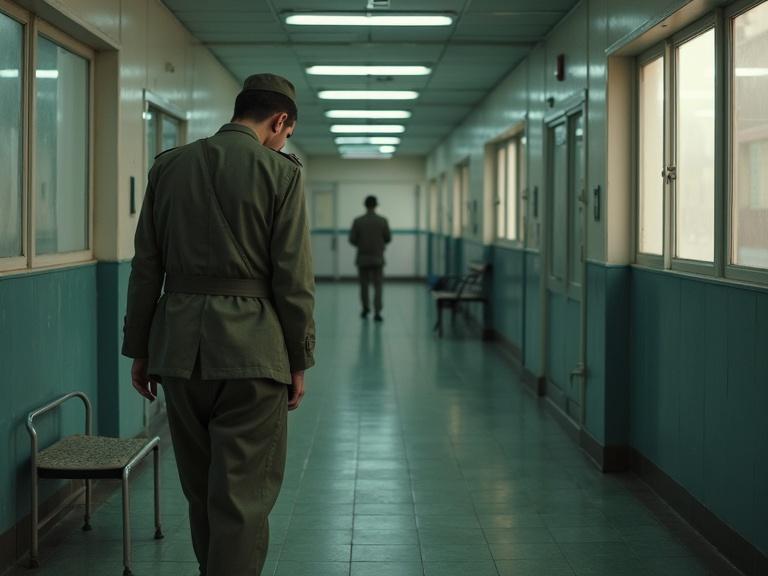 Japanese soldiers in a hospital during World War II. Two soldiers in a hallway. One walking away. Greenish tones in the corridor. A somber atmosphere created by fluorescent lighting.