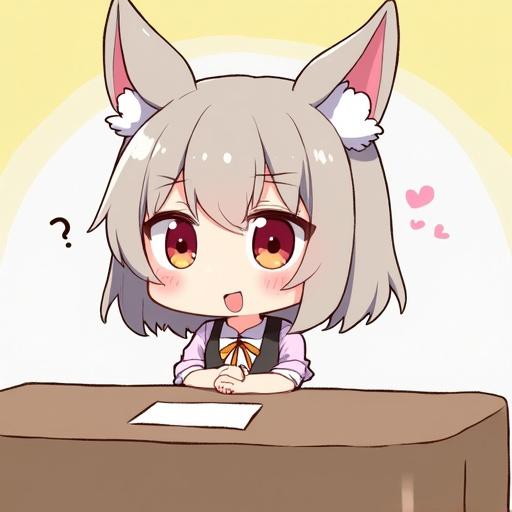 Character with animal ears. Sitting at a table. Displaying a cute expression with a questioning look. Background is simple and light-colored.