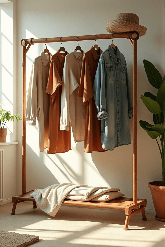 A wooden clothes rack holds beige, brown, and denim garments with a straw hat on top, bathed in sunlight.