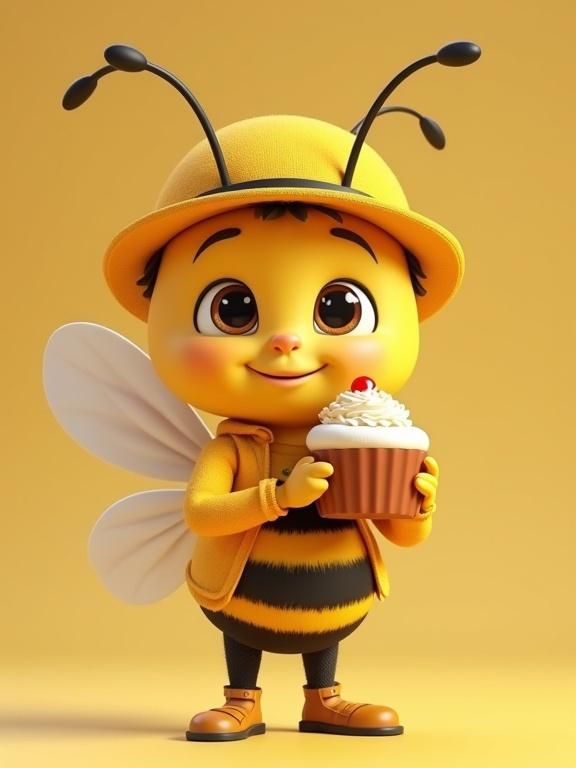 3D model of a cartoon bee with a yellow outfit. Bee character holds a cupcake. Style inspired by Ilya Kuvshinov and Seth MacFarlane. Detailed and charming illustration with screen tones.