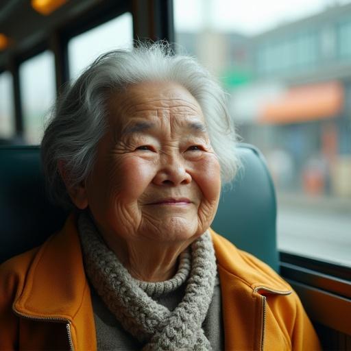 Close-up shot of an elderly Korean woman sitting on a bus. She has a kind smile and chubby cheeks. Her hair is gray and she wears a warm sweater. The background shows a hint of city life outside the window.