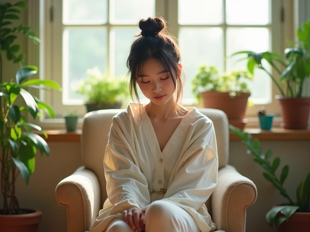 A young girl sits comfortably in a chair, surrounded by vibrant greenery from potted plants. She has a relaxed expression, with her hair styled in a casual bun. The light filtering through the window casts a gentle glow on her, enhancing the serene atmosphere of the scene. She's wearing a loose, white outfit that adds to the calm vibe of the setting. The background features soft earth tones from the surrounding furniture and plant pots, creating a cozy indoor scene.