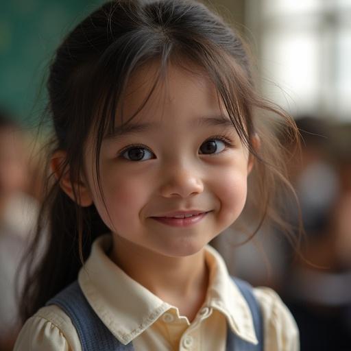 Girl with a nosehook smiles in a school environment. She wears a collared shirt and a dress. Classroom background is slightly blurred.