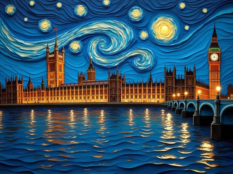 Stunning multi-layered origami paper folds create a vibrant depiction of the London skyline at night. The scene features detailed architectural structures illuminated by city lights. A full moon glows above the skyline with a starry background resembling Van Gogh's style. The river reflects the colors of the buildings and trees along the bank. The artwork incorporates thick, textured layers of color for a dramatic effect. The view shows a perspective across the river with a focus on iconic structures.