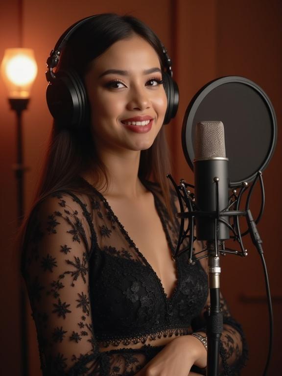Young woman singing in a recording studio. She wears a stylish outfit and headphones. The microphone stands ready for recording. The ambiance is warm and inviting. A soft glow from studio lights enhances the atmosphere.
