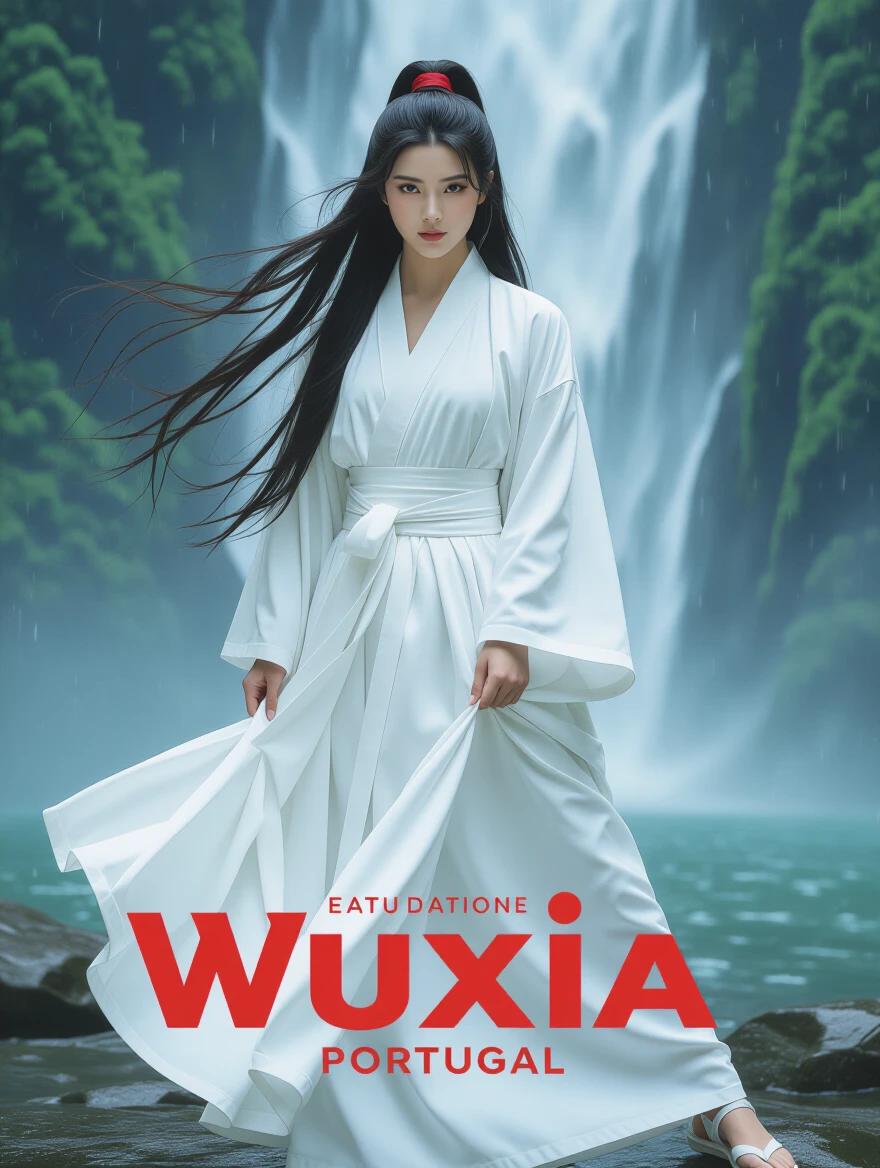 A woman wearing white clothes stands in front of a waterfall. She has long hair flowing in the wind. The scene evokes the atmosphere of an 80s action drama movie poster entitled Wuxia Portugal. The image has a cinematic feel with a natural backdrop.