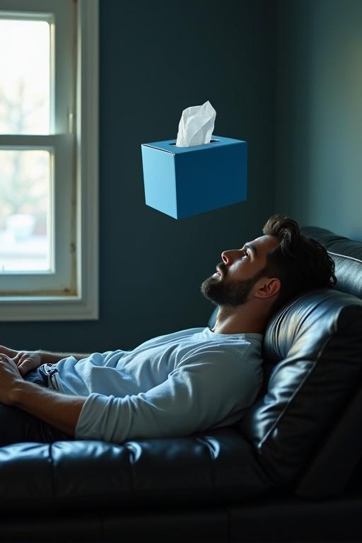 Handsome man laid in black leather bed with a window nearby. Blue tissue box floated touching ceiling. Man stares at it in shock.