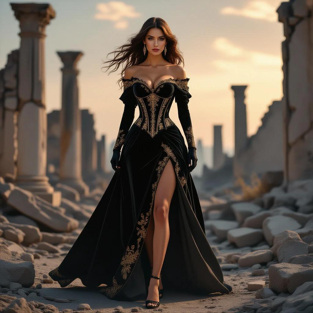 Noblewoman walks through ruins. Opulent gown adorns elegant figure. Off-shoulder corset bodice highlights beauty. Layered skirt flows gracefully with high slit. Long gloves and high heels complement the attire. Long hair billows in the wind. Crumbling pillars and scorched sky serve as backdrop. Magical light faintly glows