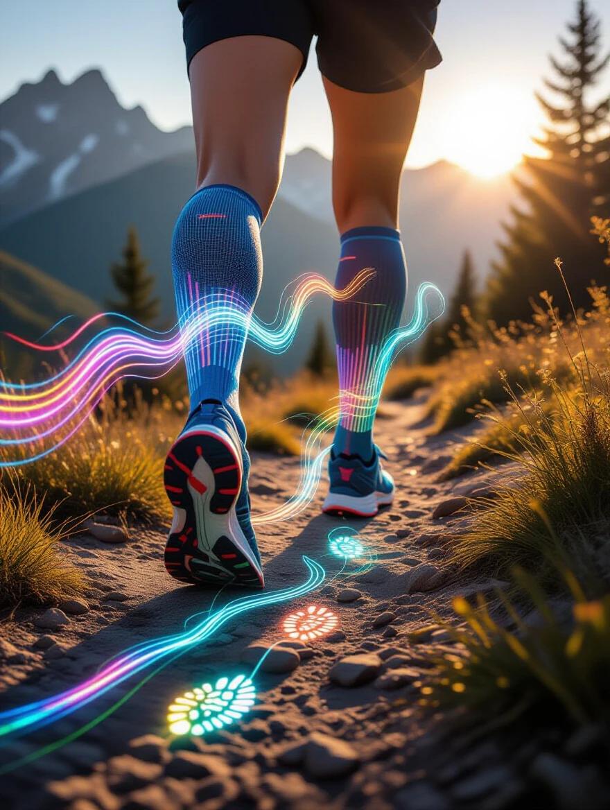 A dynamic trail running photograph shows a runner in compression socks. Holographic speed trails and motion effects follow each foot movement. Rainbow-colored light trails create visual echoes in the air. Advanced fiber optic technology embedded in the socks projects patterns based on pace. The runner navigates a mountain path at golden hour. Glowing footprints are left behind on the ground. Speed trails create patterns through shadows. Captured with high-speed photography equipment showcasing human-technology fusion.